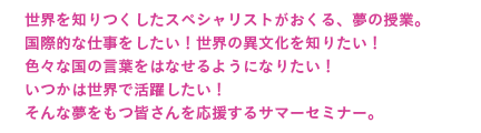 世界を知りつくしたスペシャリストがおくる、夢の授業。国際的な仕事をしたい！世界の異文化を知りたい！色々な国の言葉をはなせるようになりたい！いつかは世界で活躍したい！そんな夢をもつ皆さんを応援するサマーセミナー。